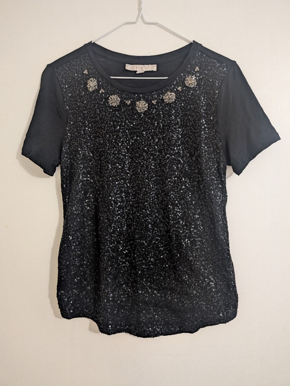 LOFT Black Sequin Jeweled Neckline Short Sleeve T-Shirt Top 100% Cotton Small